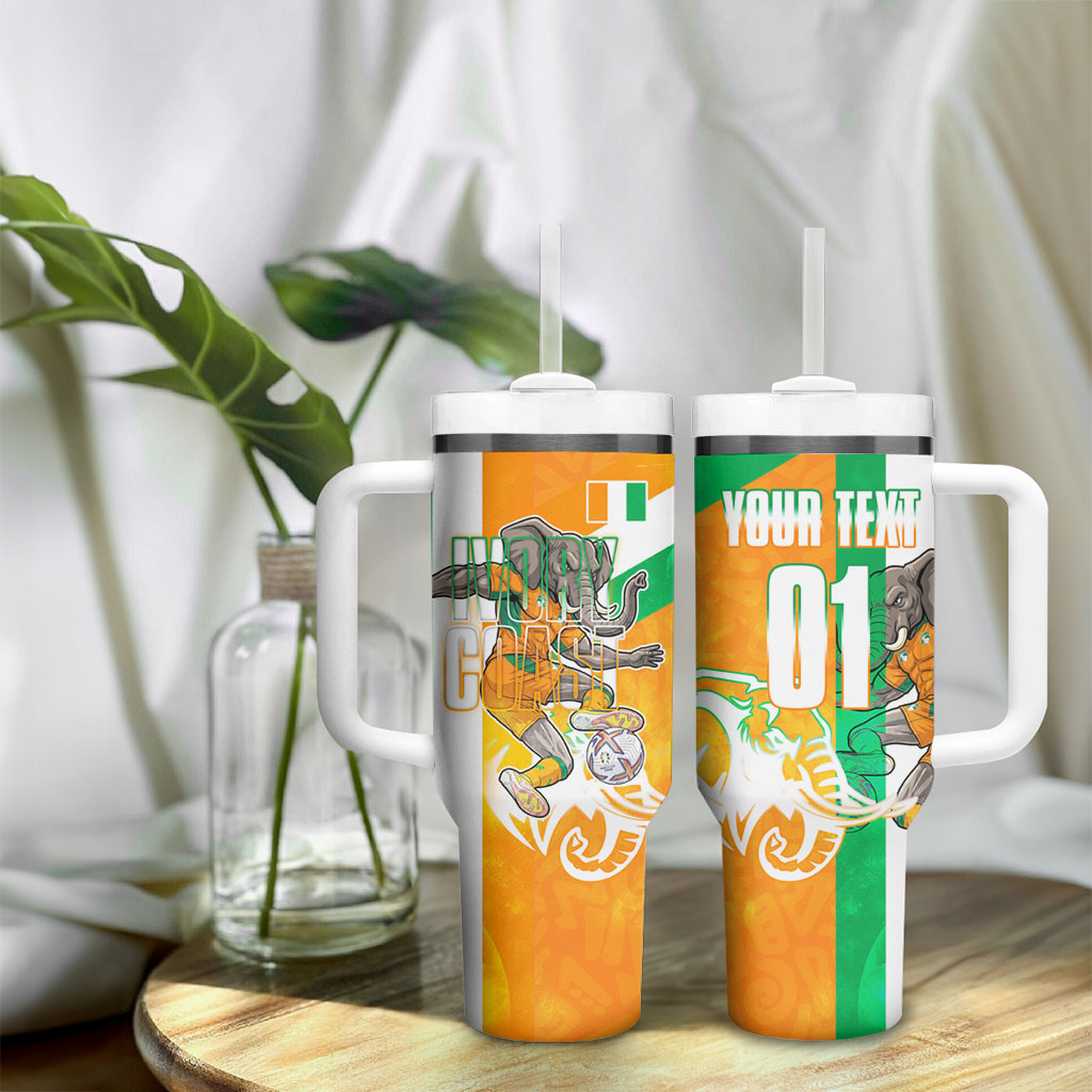 Personalized Ivory Coast Football Tumbler With Handle Elephant Mascot Flag - Comic Style Graphic
