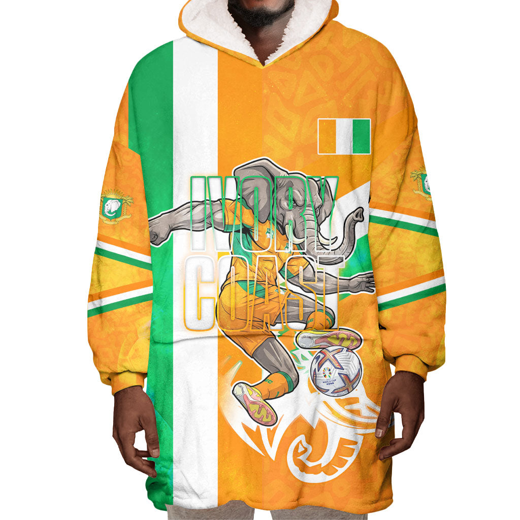 Personalized Ivory Coast Football Wearable Blanket Hoodie Elephant Mascot Flag - Comic Style Graphic