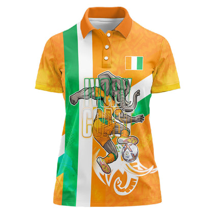 Personalized Ivory Coast Football Women Polo Shirt Elephant Mascot Flag - Comic Style Graphic
