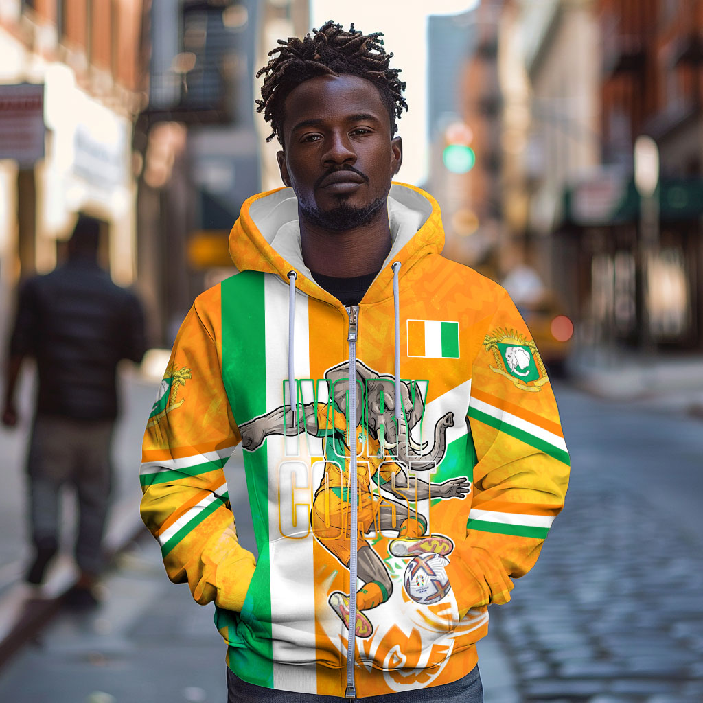 Personalized Ivory Coast Football Zip Hoodie Elephant Mascot Flag - Comic Style Graphic