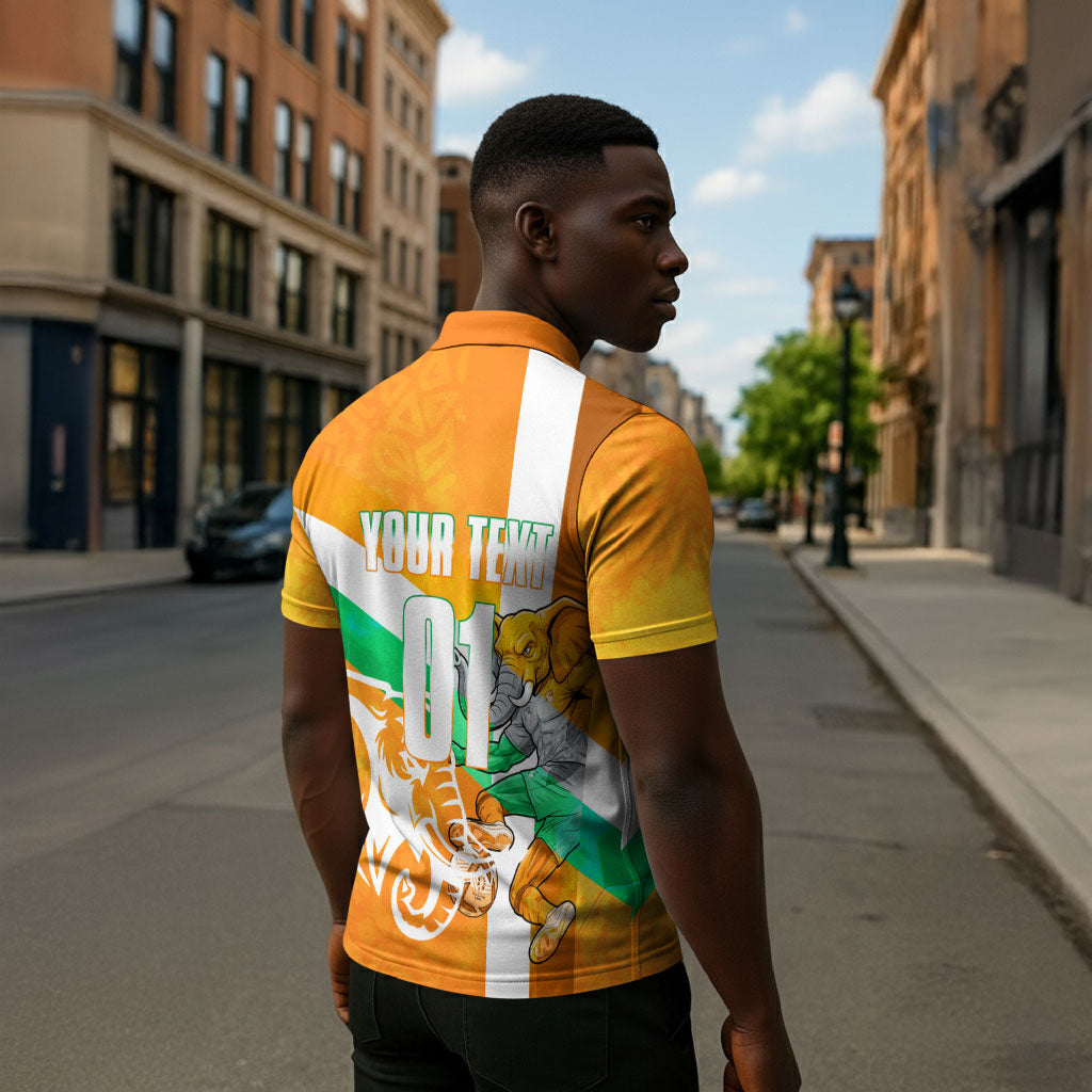 Personalized Ivory Coast Football Zipper Polo Shirt Elephant Mascot Flag - Comic Style Graphic
