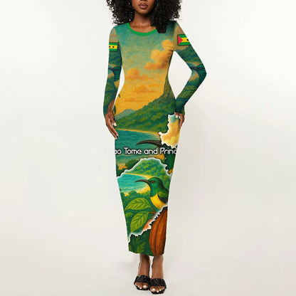 Sao Tome and Principe Long Sleeve Bodycon Dress Tropical Island Bird and Cocoa Forest - African Pride