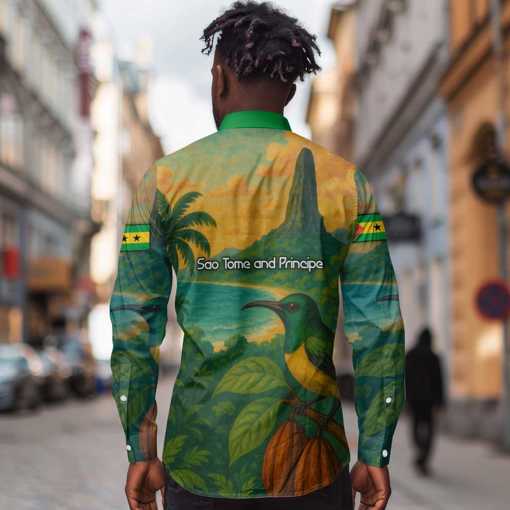 Sao Tome and Principe Long Sleeve Button Shirt Tropical Island Bird and Cocoa Forest - African Pride