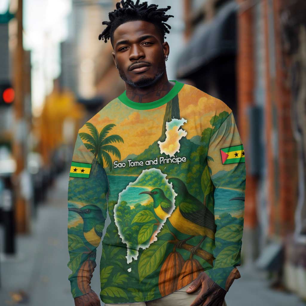 Sao Tome and Principe Long Sleeve Shirt Tropical Island Bird and Cocoa Forest - African Pride