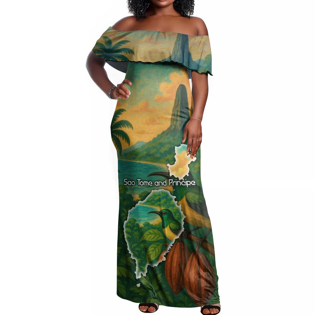 Sao Tome and Principe Off Shoulder Maxi Dress Tropical Island Bird and Cocoa Forest - African Pride