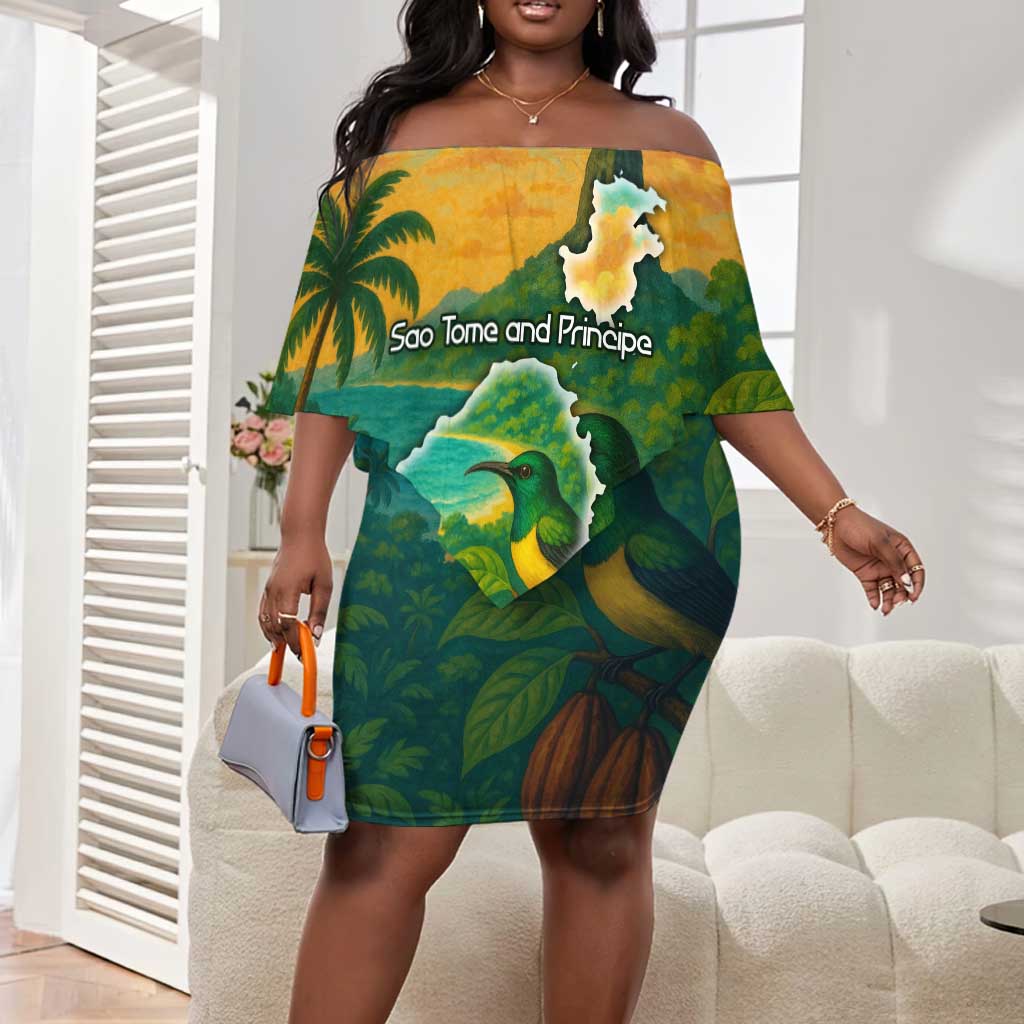 Sao Tome and Principe Off Shoulder Short Dress Tropical Island Bird and Cocoa Forest - African Pride