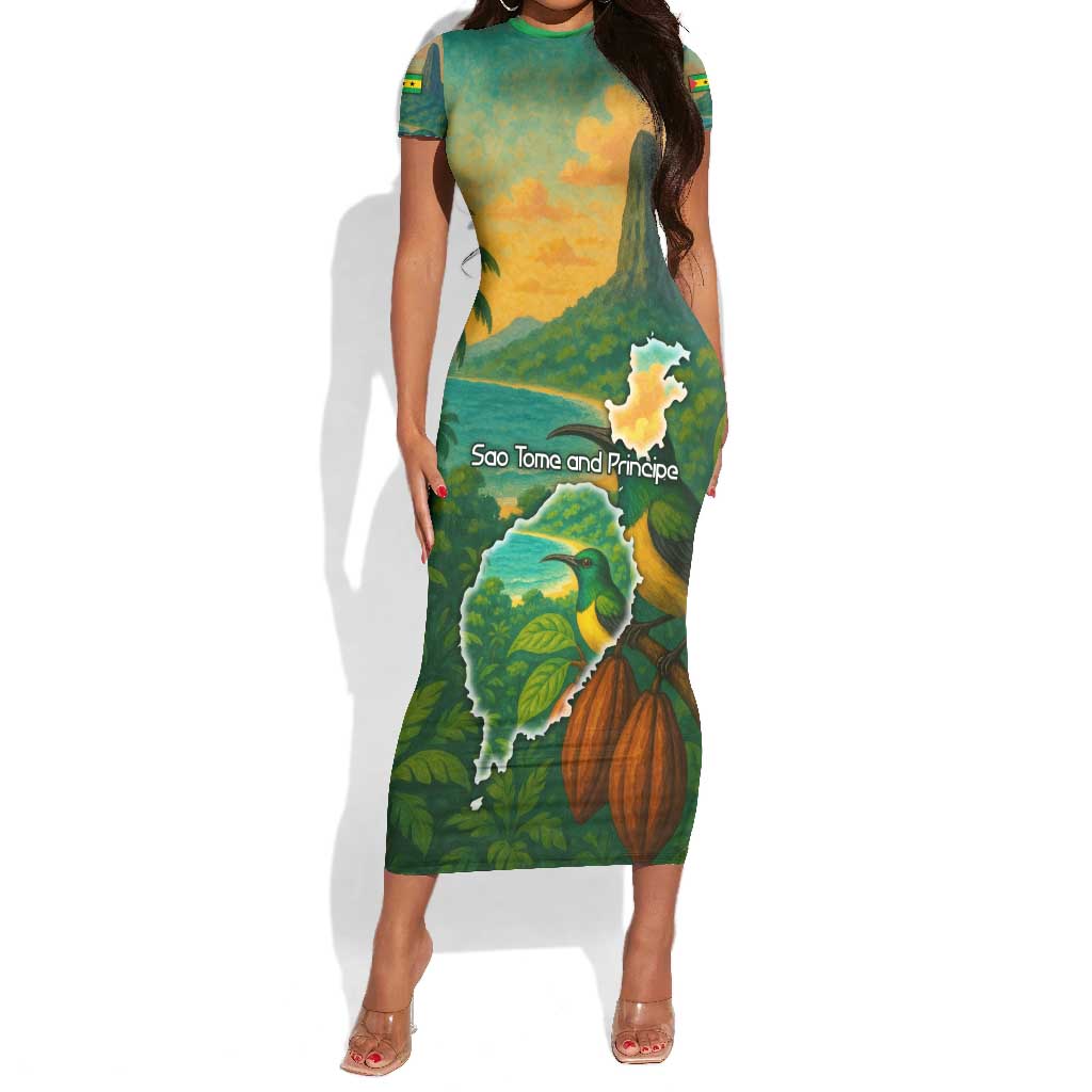 Sao Tome and Principe Short Sleeve Bodycon Dress Tropical Island Bird and Cocoa Forest - African Pride