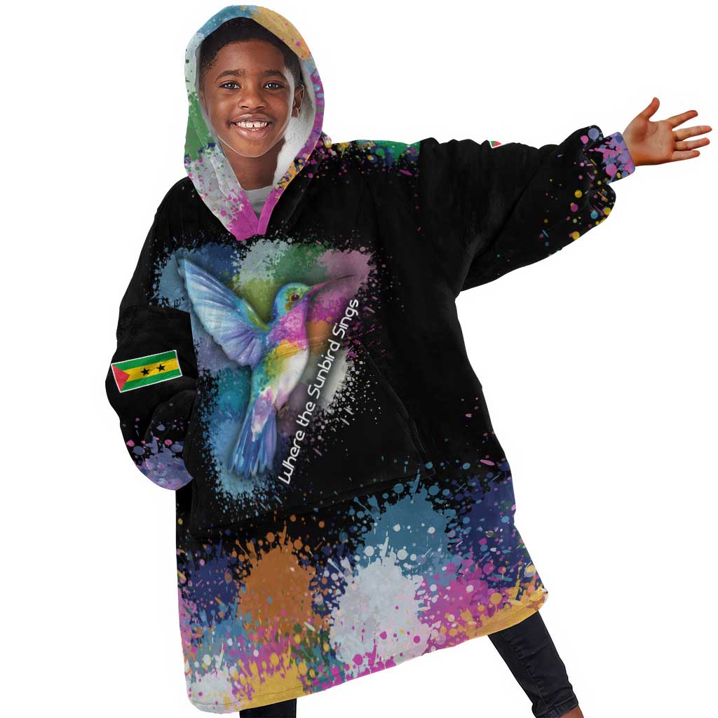 Where the Sunbird Sings Kid Wearable Blanket Hoodie Sao Tome and Principe Flag - Color Splash Art - African Pride