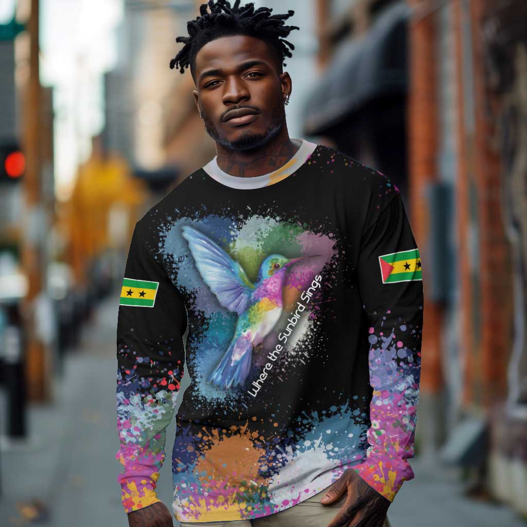 Where the Sunbird Sings Long Sleeve Shirt Sao Tome and Principe Flag - Color Splash Art - African Pride