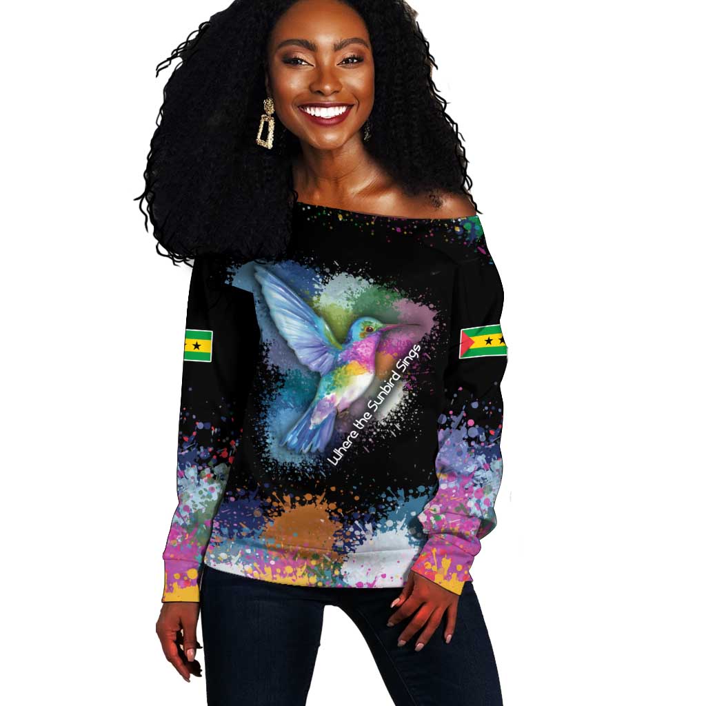 Where the Sunbird Sings Off Shoulder Sweater Sao Tome and Principe Flag - Color Splash Art - African Pride