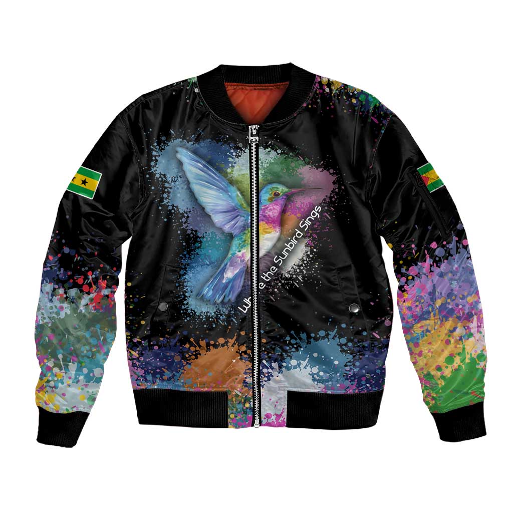 Where the Sunbird Sings Sleeve Zip Bomber Jacket Sao Tome and Principe Flag - Color Splash Art - African Pride