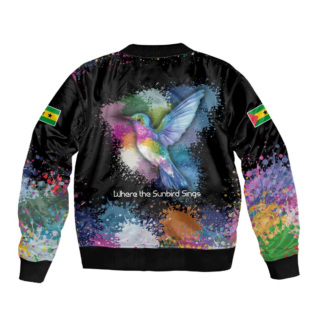 Where the Sunbird Sings Sleeve Zip Bomber Jacket Sao Tome and Principe Flag - Color Splash Art - African Pride