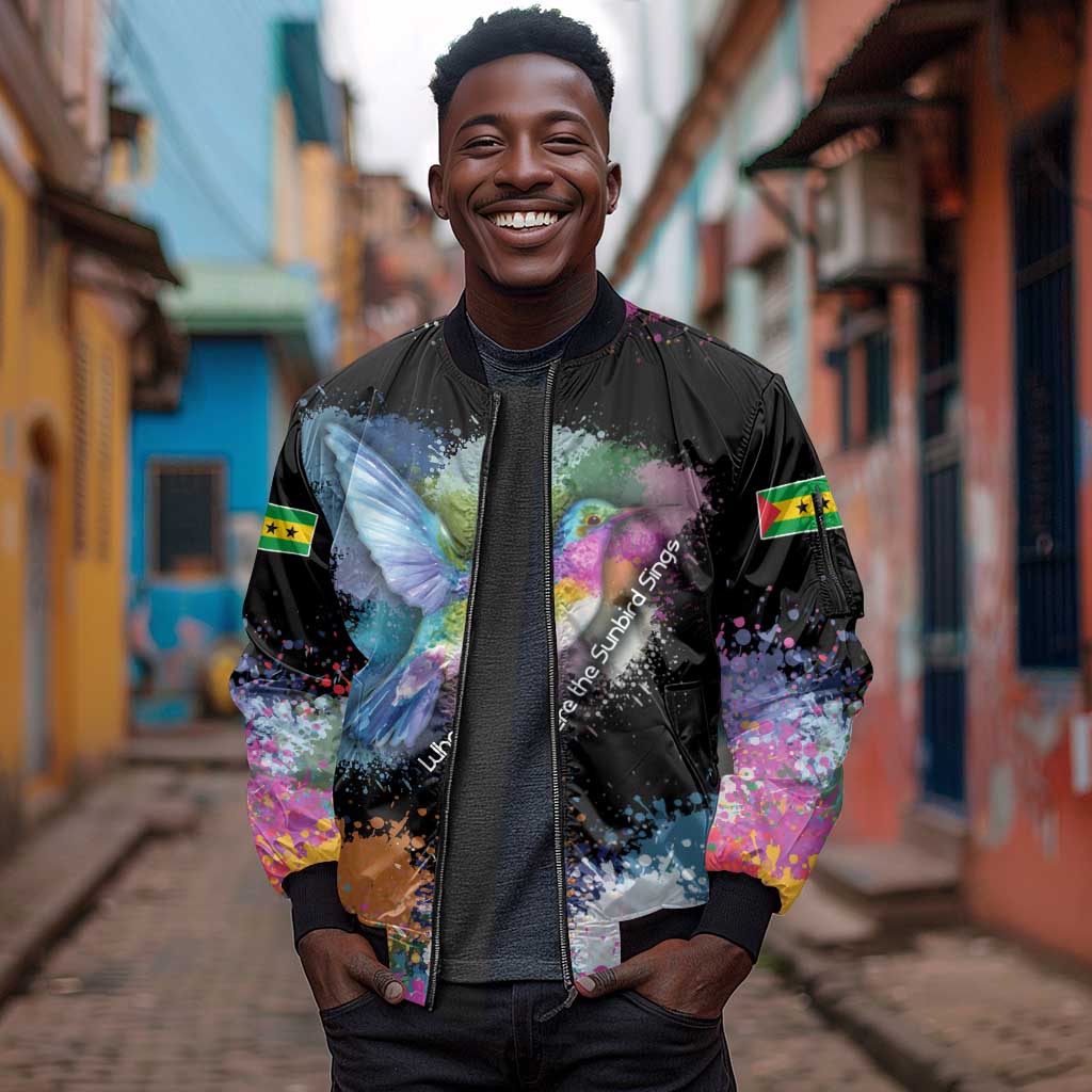 Where the Sunbird Sings Sleeve Zip Bomber Jacket Sao Tome and Principe Flag - Color Splash Art - African Pride
