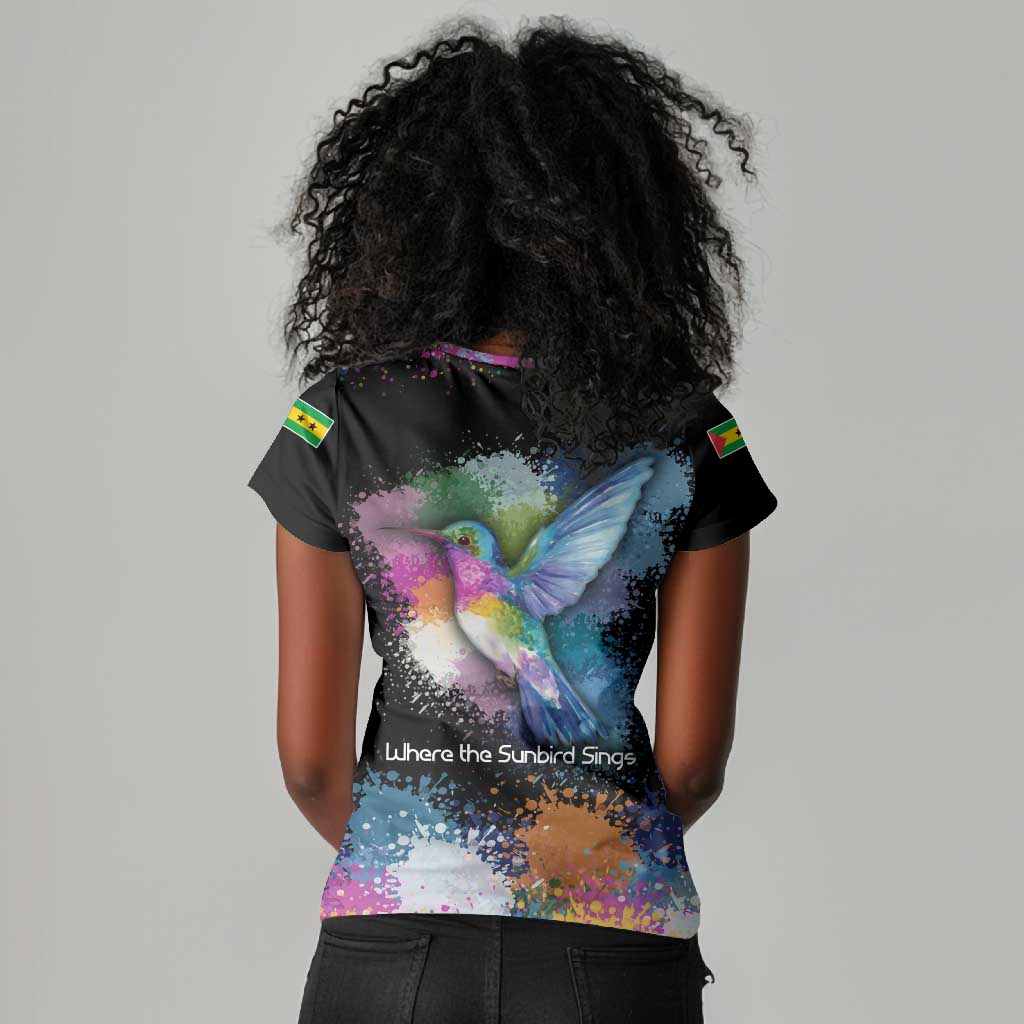 Where the Sunbird Sings Women V-Neck T-Shirt Sao Tome and Principe Flag - Color Splash Art - African Pride