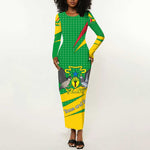 Sao Tome and Principe National Emblem Long Sleeve Bodycon Dress Green Yellow Flag Pattern - African Pride