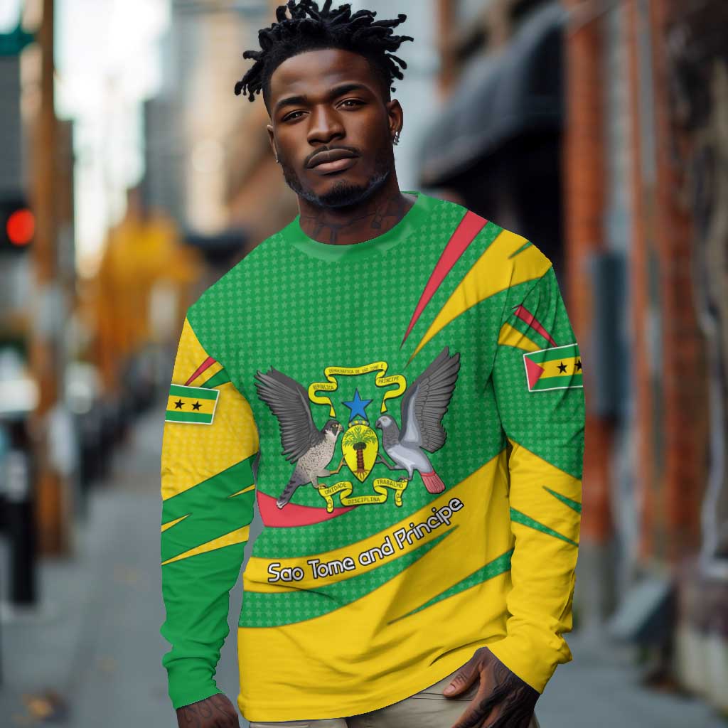 Sao Tome and Principe National Emblem Long Sleeve Shirt Green Yellow Flag Pattern - African Pride
