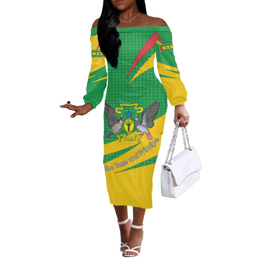 Sao Tome and Principe National Emblem Off The Shoulder Long Sleeve Dress Green Yellow Flag Pattern - African Pride