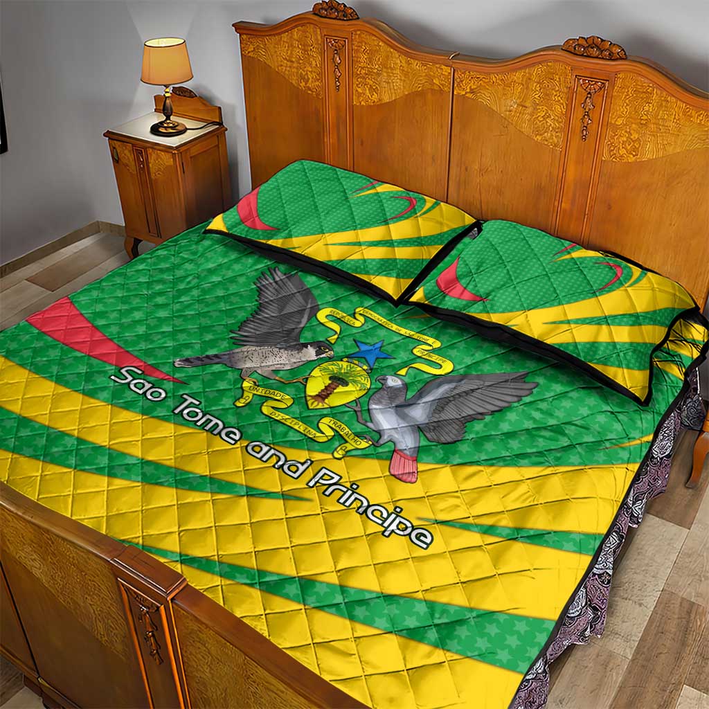 Sao Tome and Principe National Emblem Quilt Bed Set Green Yellow Flag Pattern - African Pride
