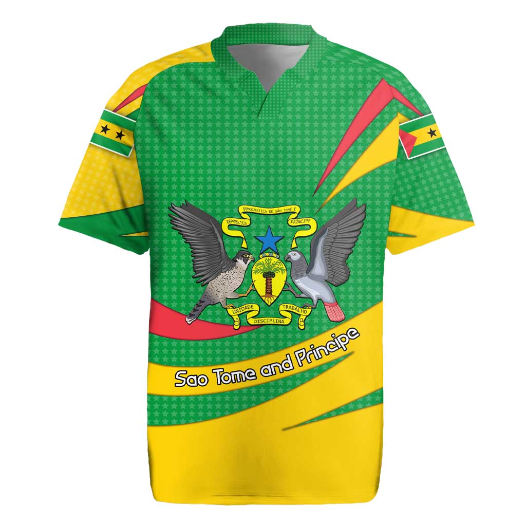 Sao Tome and Principe National Emblem Rugby Jersey Green Yellow Flag Pattern - African Pride