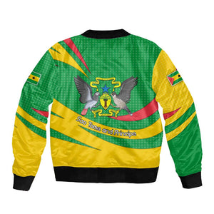 Sao Tome and Principe National Emblem Sleeve Zip Bomber Jacket Green Yellow Flag Pattern - African Pride