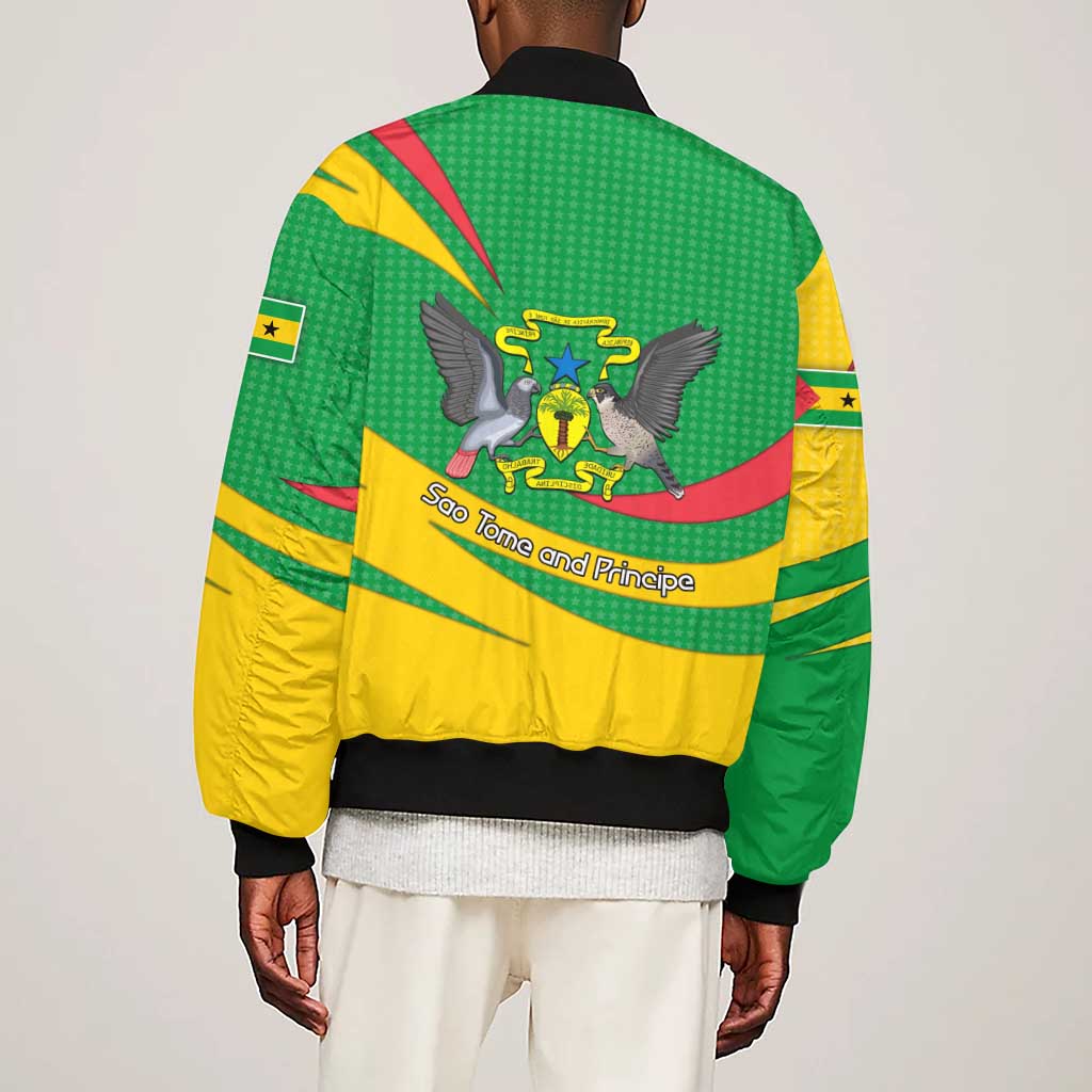 Sao Tome and Principe National Emblem Sleeve Zip Bomber Jacket Green Yellow Flag Pattern - African Pride