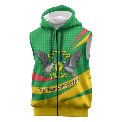 Sao Tome and Principe National Emblem Sleeveless Zip Hoodie Green Yellow Flag Pattern - African Pride