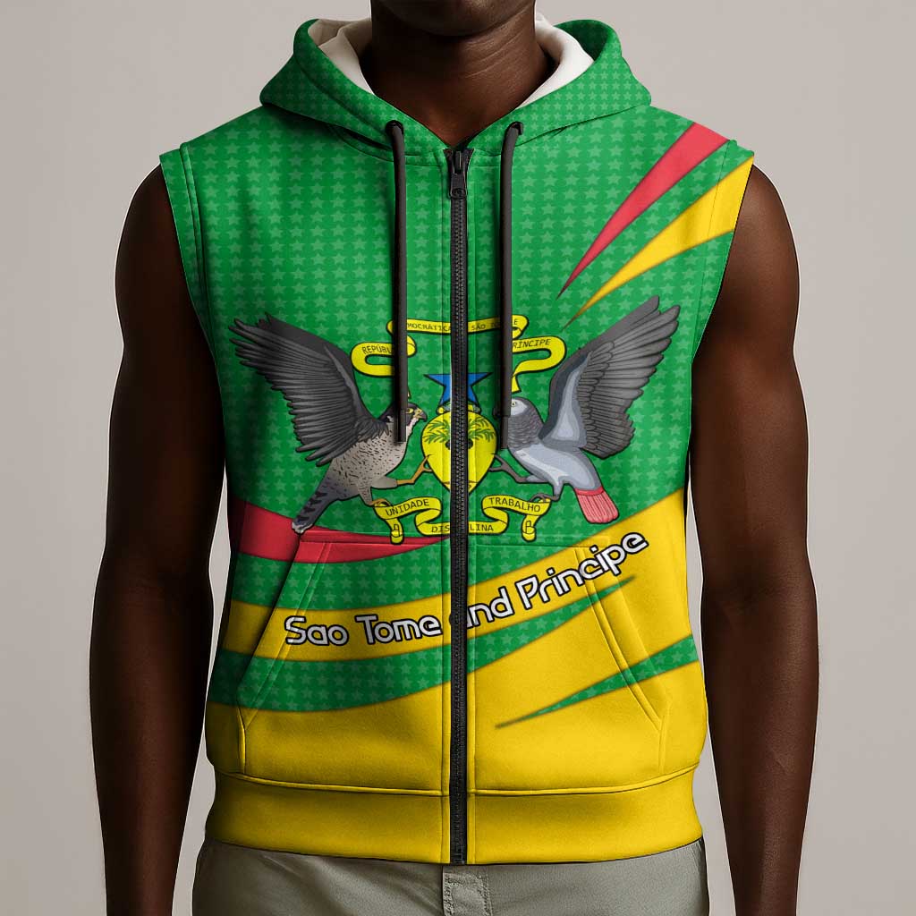 Sao Tome and Principe National Emblem Sleeveless Zip Hoodie Green Yellow Flag Pattern - African Pride