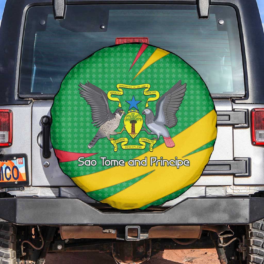 Sao Tome and Principe National Emblem Spare Tire Cover Green Yellow Flag Pattern - African Pride