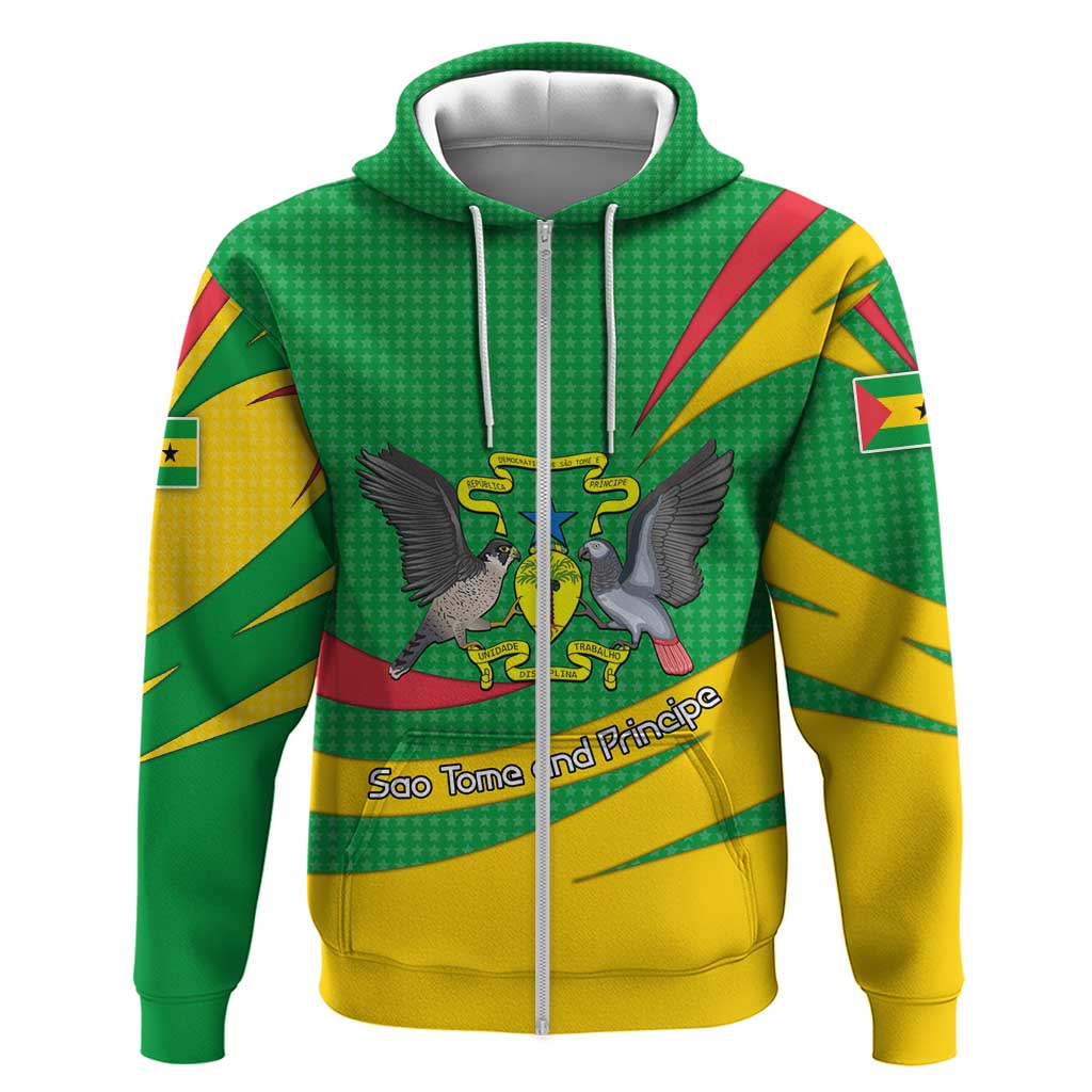 Sao Tome and Principe National Emblem Zip Hoodie Green Yellow Flag Pattern - African Pride