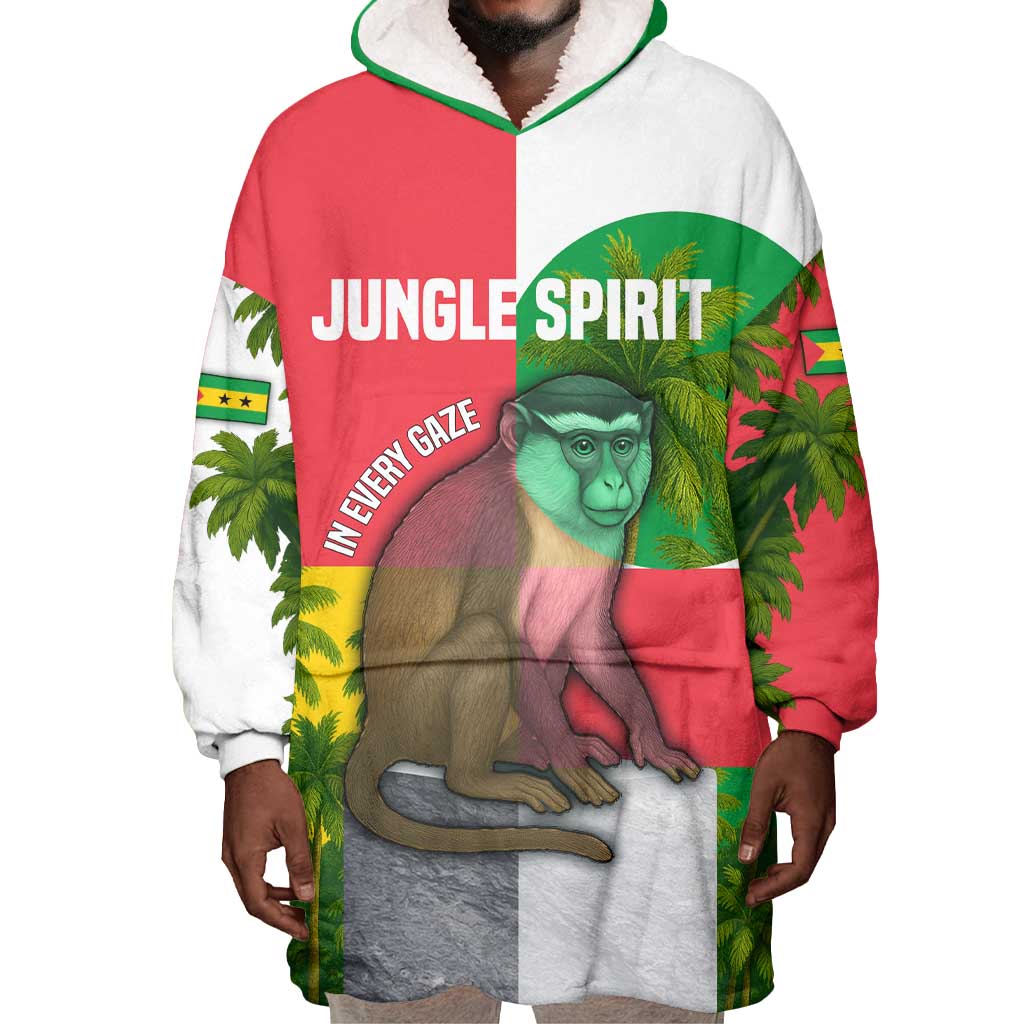 Jungle Spirit Monkey Wearable Blanket Hoodie Sao Tome and Principe Tropical Flag Color - African Pride