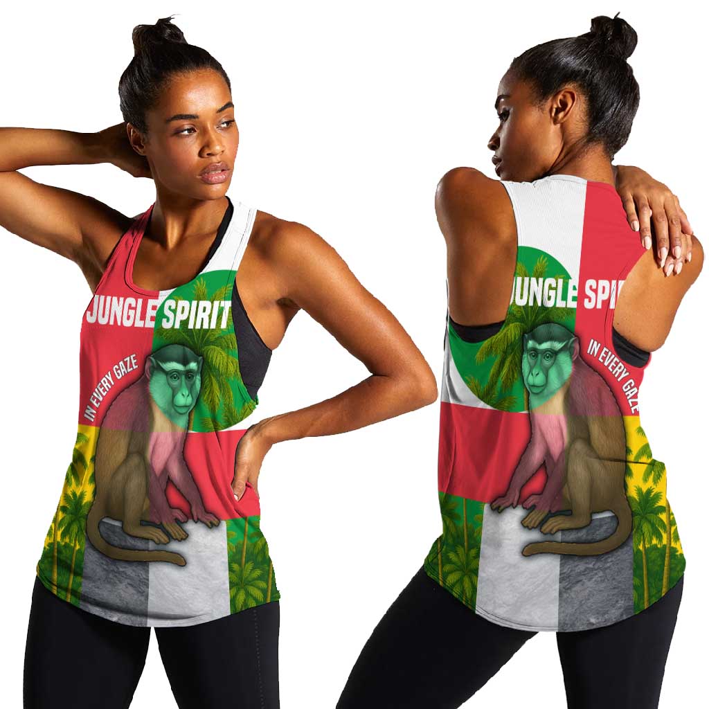 Jungle Spirit Monkey Women Racerback Tank Sao Tome and Principe Tropical Flag Color - African Pride