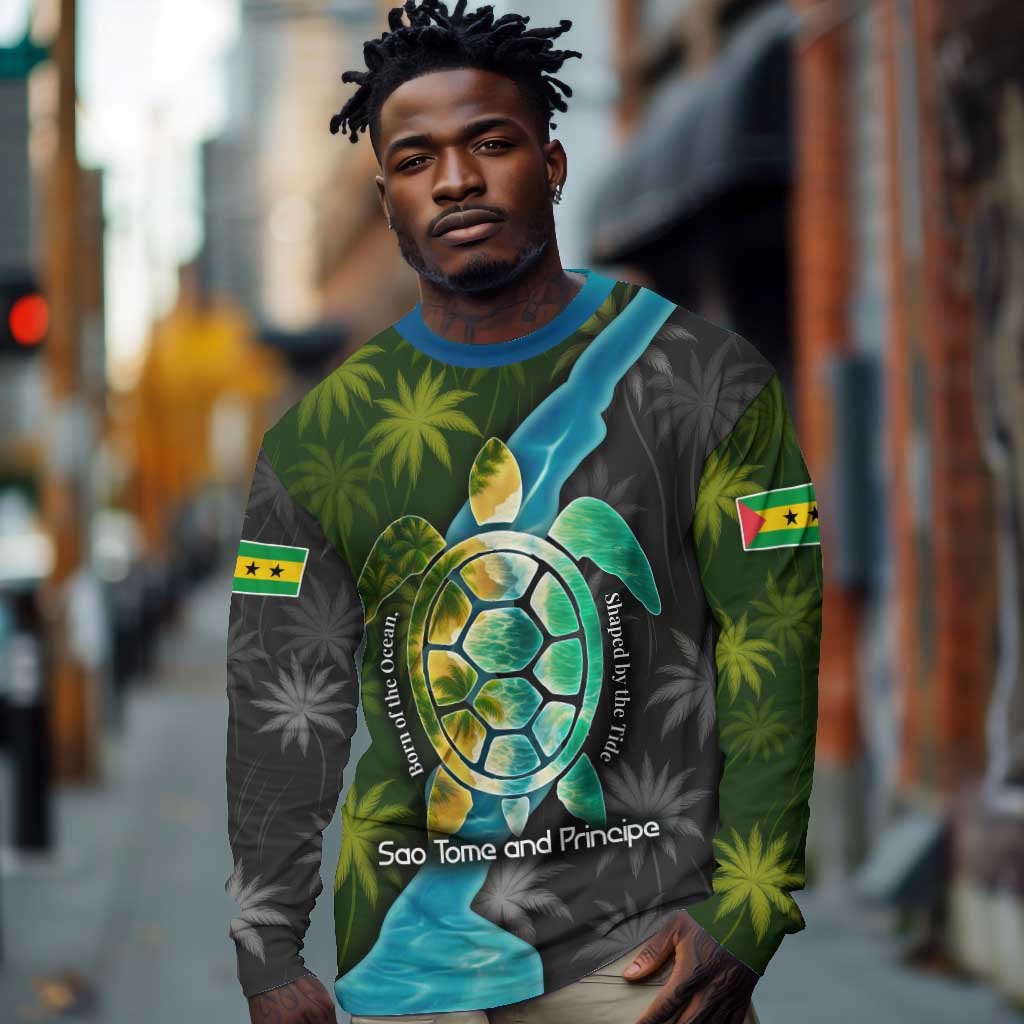 Sea Turtle Sao Tome and Principe Long Sleeve Shirt Ocean Tide and Tropical Palm - African Pride