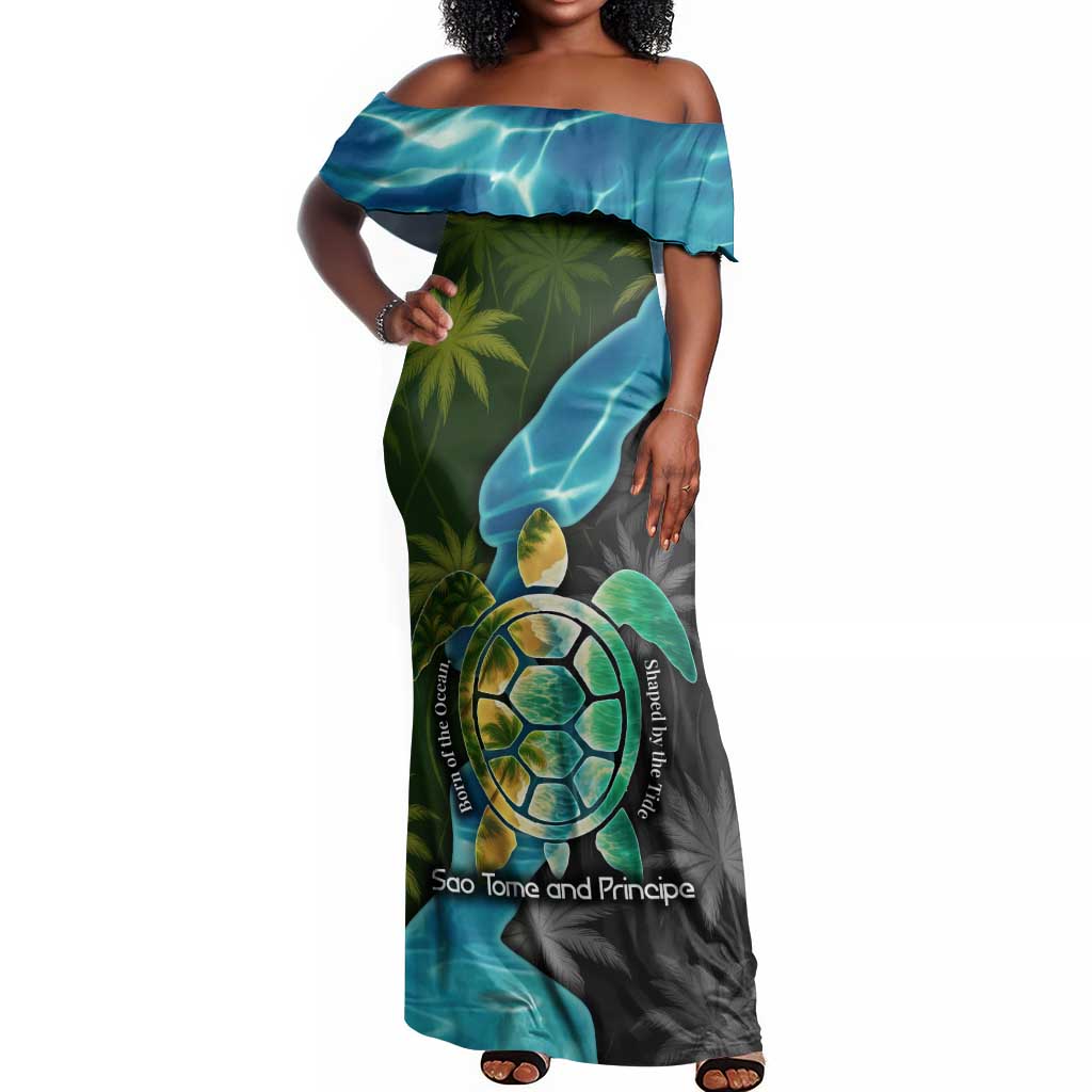 Sea Turtle Sao Tome and Principe Off Shoulder Maxi Dress Ocean Tide and Tropical Palm - African Pride