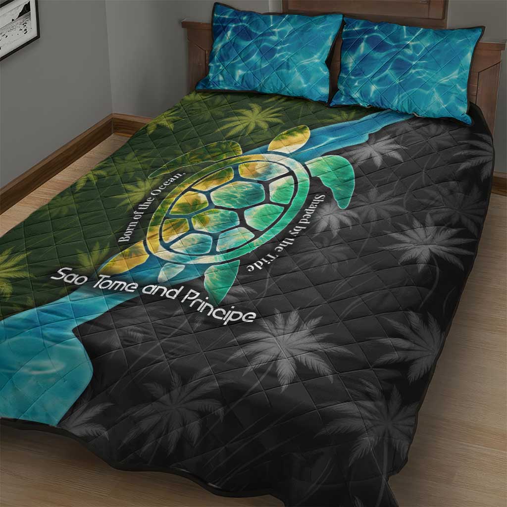 Sea Turtle Sao Tome and Principe Quilt Bed Set Ocean Tide and Tropical Palm - African Pride