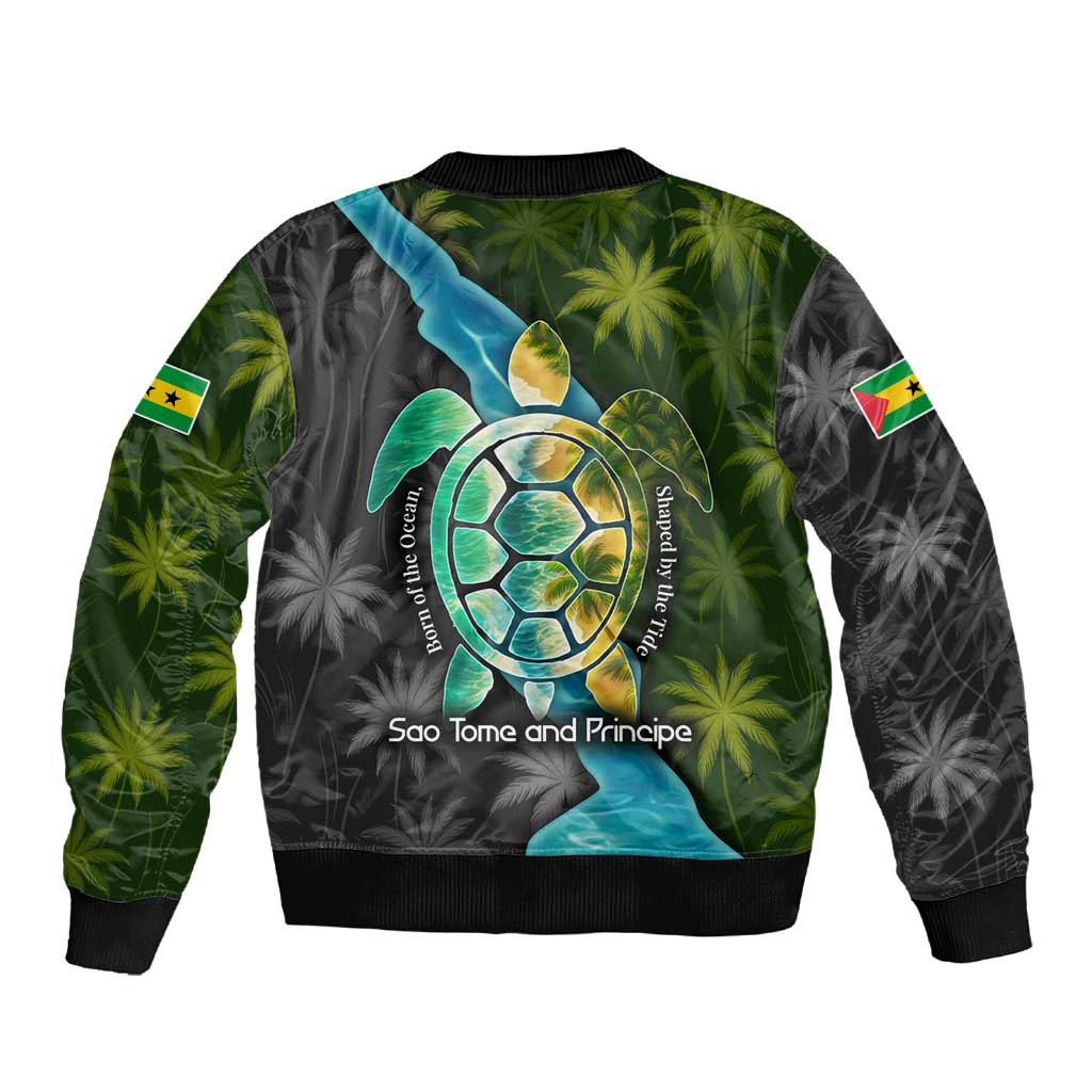 Sea Turtle Sao Tome and Principe Sleeve Zip Bomber Jacket Ocean Tide and Tropical Palm - African Pride