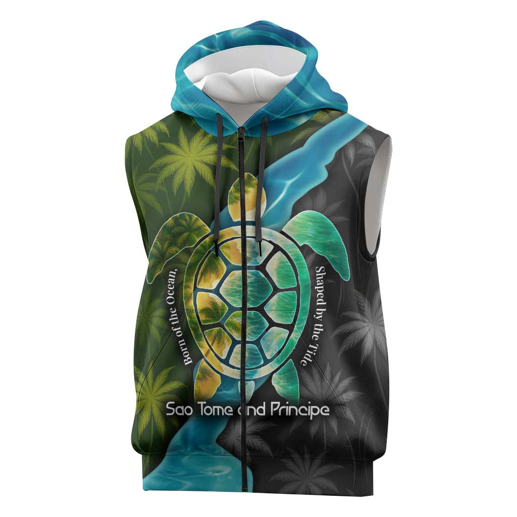 Sea Turtle Sao Tome and Principe Sleeveless Zip Hoodie Ocean Tide and Tropical Palm - African Pride
