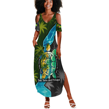 Sea Turtle Sao Tome and Principe Summer Maxi Dress Ocean Tide and Tropical Palm - African Pride