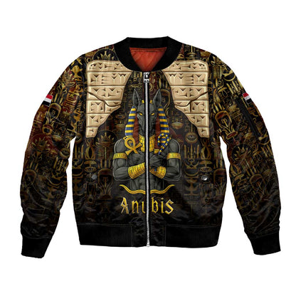 Anubis Egypt Sleeve Zip Bomber Jacket Ancient Hieroglyph Pharaoh Spirit - African Pride
