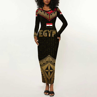 Ankh Eye of Horus Egypt Long Sleeve Bodycon Dress Ancient Black Gold Hieroglyph Spirit - African Pride