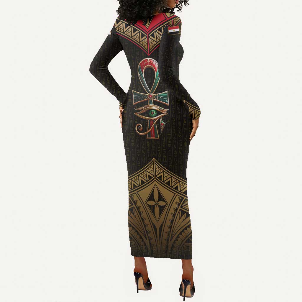 Ankh Eye of Horus Egypt Long Sleeve Bodycon Dress Ancient Black Gold Hieroglyph Spirit - African Pride