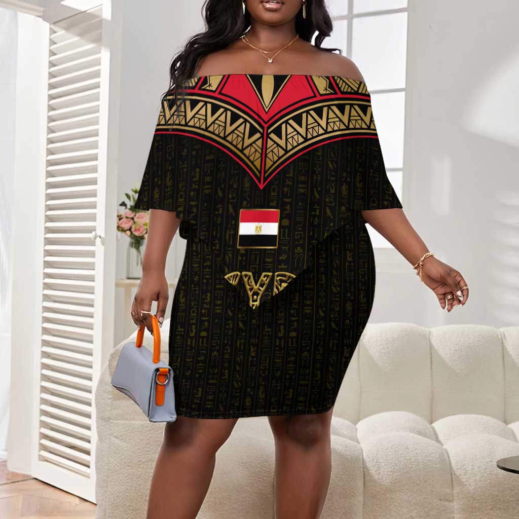 Ankh Eye of Horus Egypt Off Shoulder Short Dress Ancient Black Gold Hieroglyph Spirit - African Pride