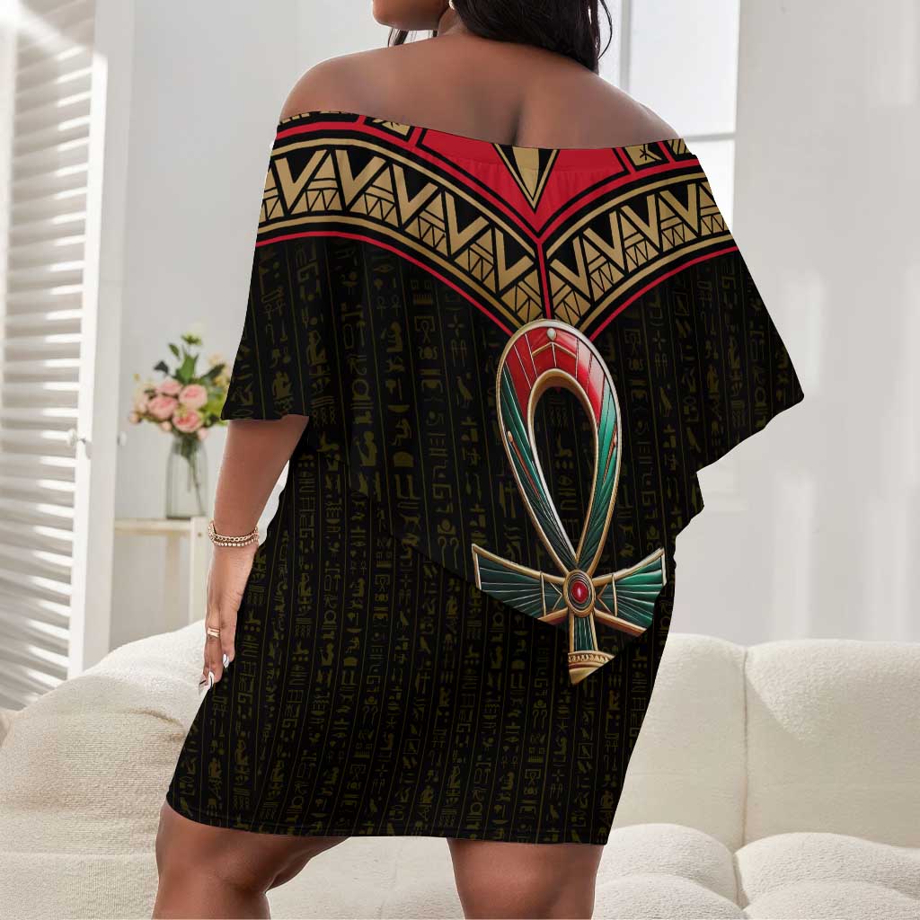 Ankh Eye of Horus Egypt Off Shoulder Short Dress Ancient Black Gold Hieroglyph Spirit - African Pride