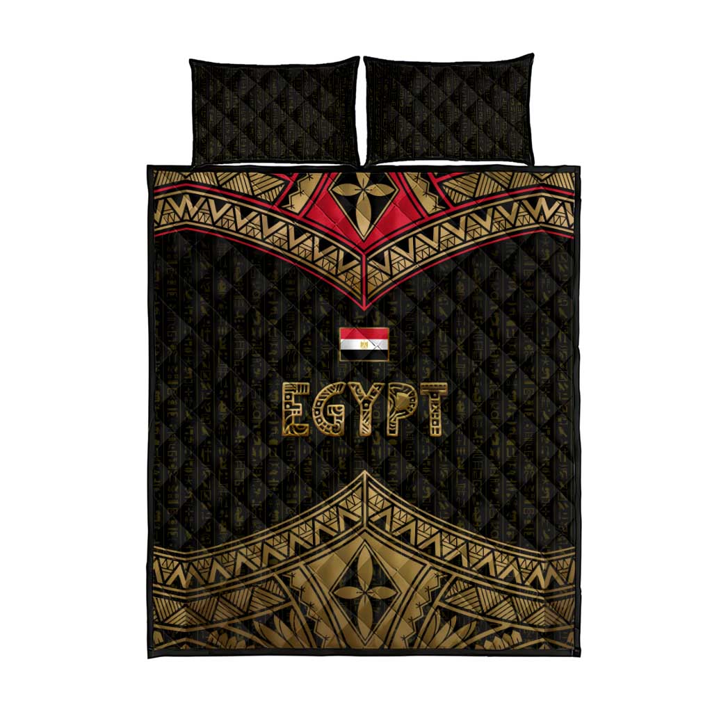Ankh Eye of Horus Egypt Quilt Bed Set Ancient Black Gold Hieroglyph Spirit - African Pride