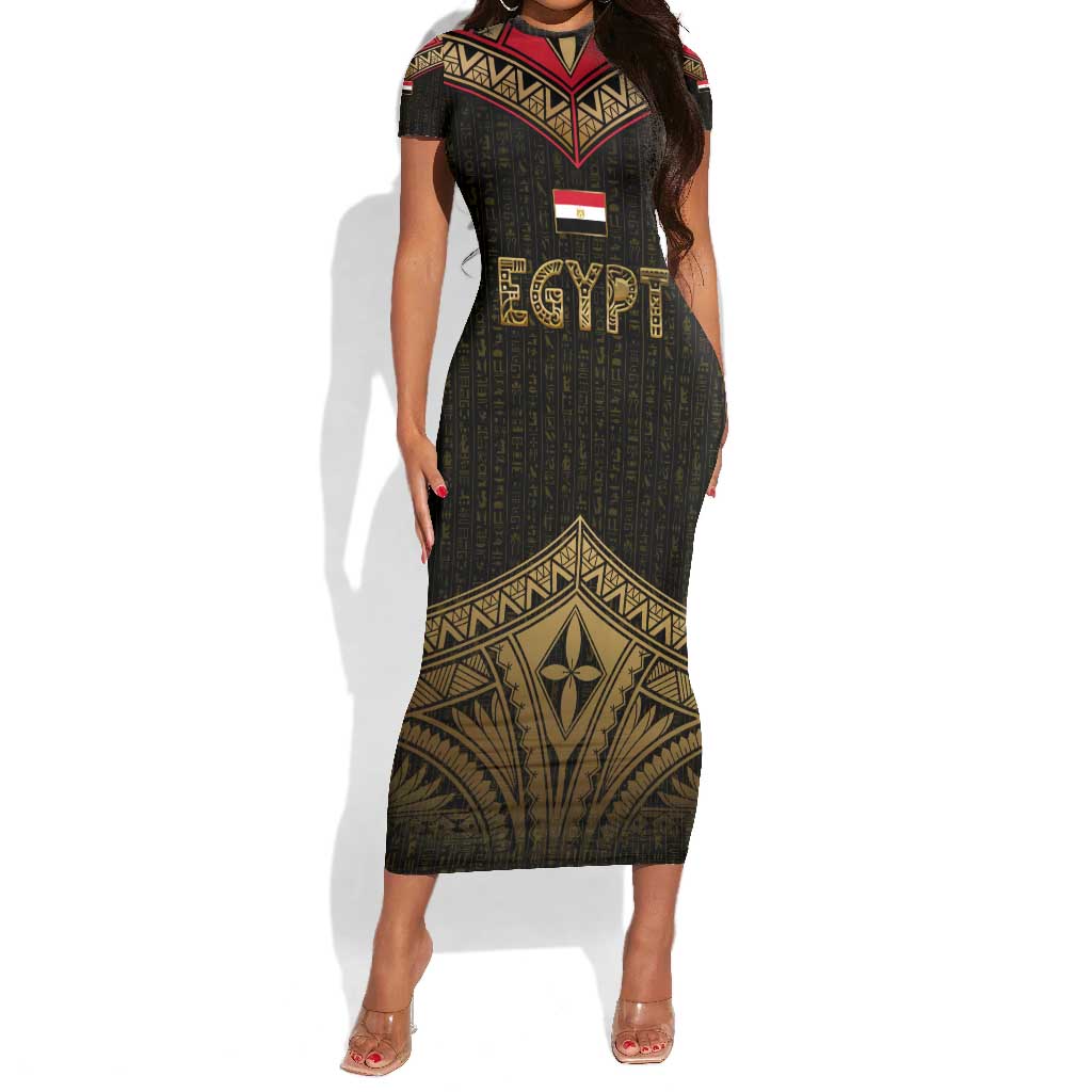 Ankh Eye of Horus Egypt Short Sleeve Bodycon Dress Ancient Black Gold Hieroglyph Spirit - African Pride
