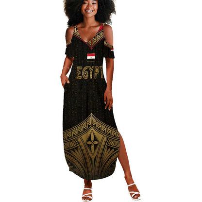 Ankh Eye of Horus Egypt Summer Maxi Dress Ancient Black Gold Hieroglyph Spirit - African Pride