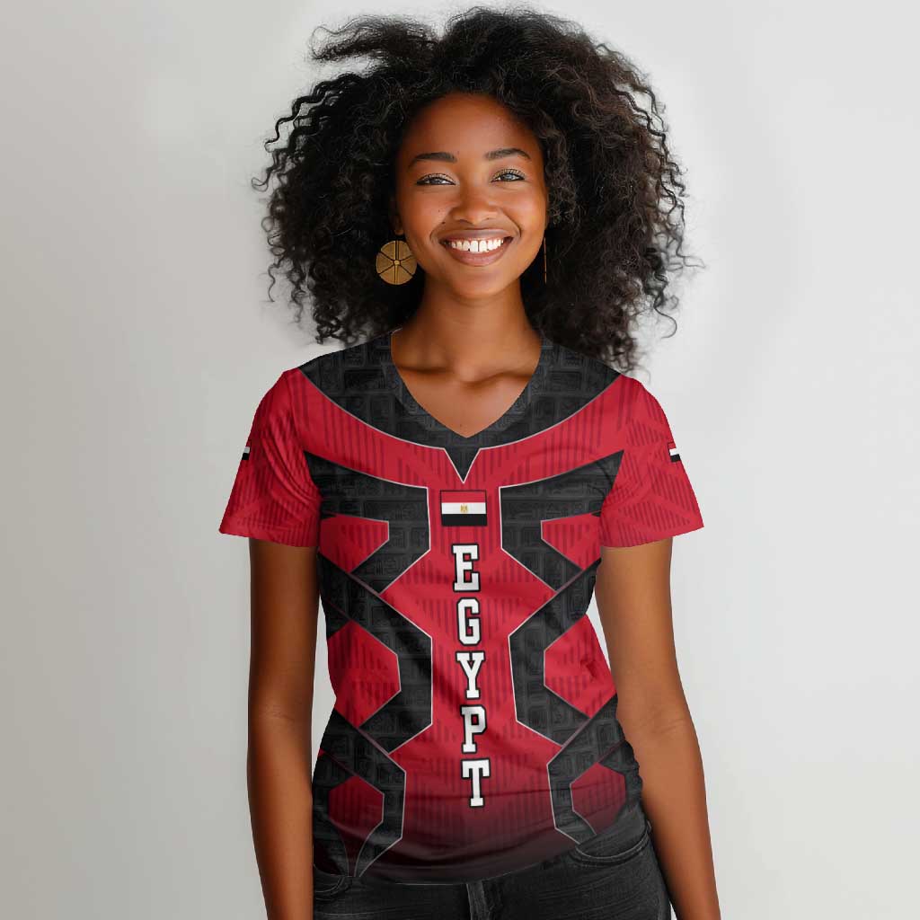 Egypt Flag Emblem Women V-Neck T-Shirt Red Black Bold Spirit - African Pride