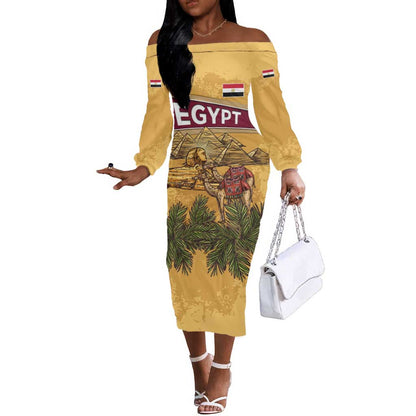 Egyptian Pyramids and Anubis Off The Shoulder Long Sleeve Dress Camel Caravan Desert - African Pride
