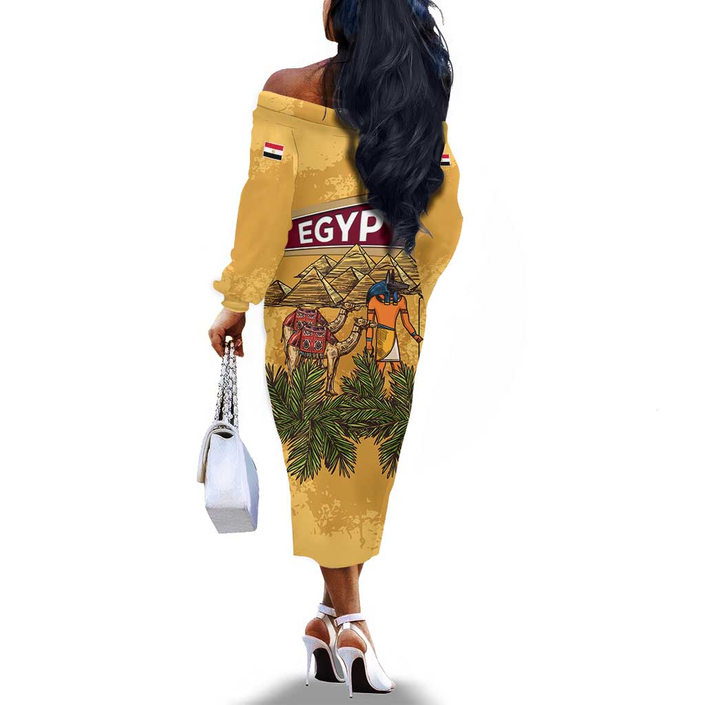 Egyptian Pyramids and Anubis Off The Shoulder Long Sleeve Dress Camel Caravan Desert - African Pride