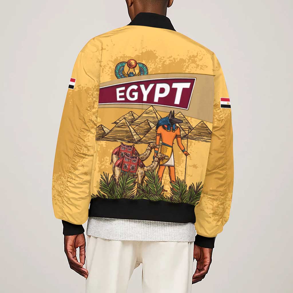 Egyptian Pyramids and Anubis Sleeve Zip Bomber Jacket Camel Caravan Desert - African Pride