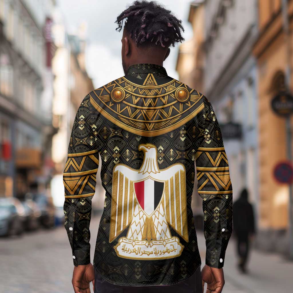 Pharaoh King Tut Egypt Long Sleeve Button Shirt Hieroglyphic Gold Pattern - African Pride